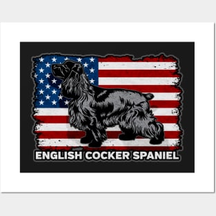 English Cocker Spaniel Dog American Flag Posters and Art